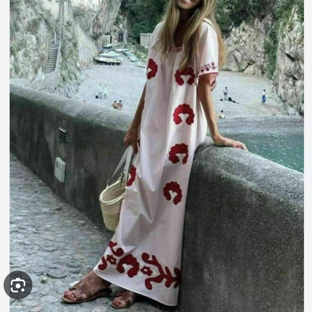 NWT Zara White Maxi Dress with Red Embroidered Motif
